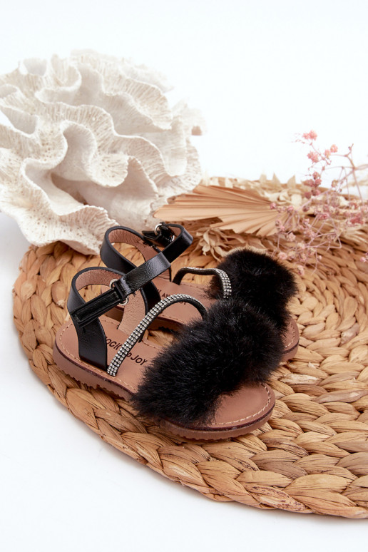 sandales Bērnu apavi ar lipīgām aizdarēm ar kažokādu melnas krāsas Rosavere